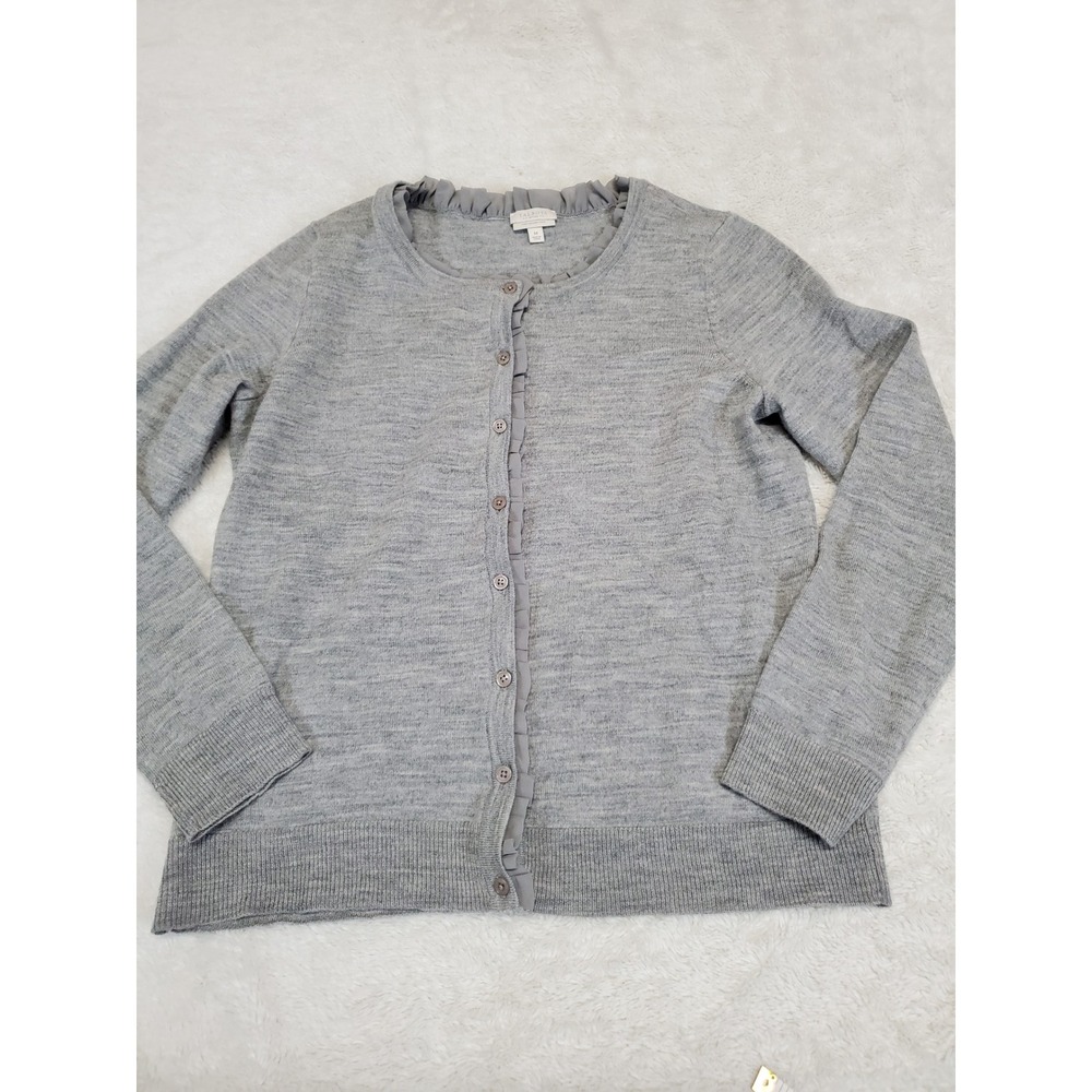 Talbots Petite Gray Wool Ruffle Knit Cardigan Medium MP Classic Old Money Office